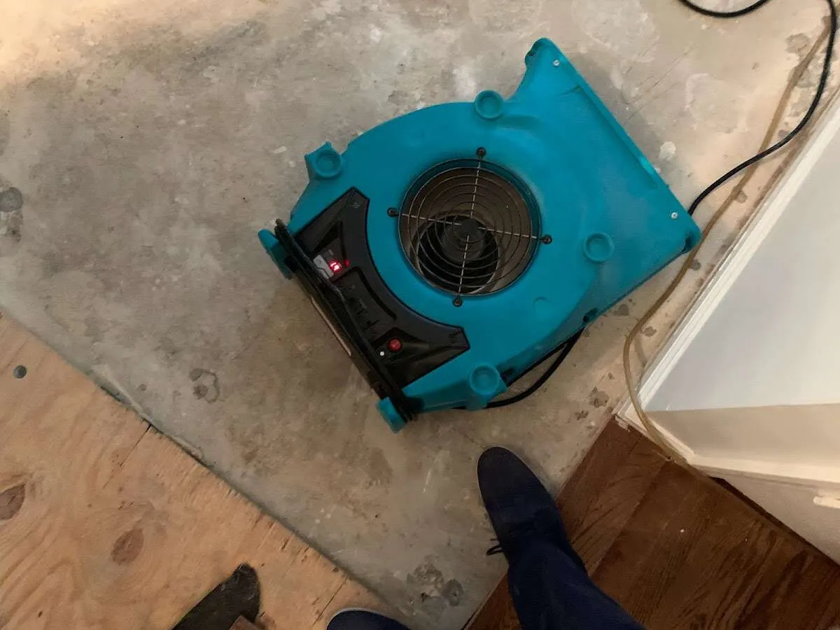 Air mover drying subfloor during Commercial Water Damage Restoration in Cottonwood